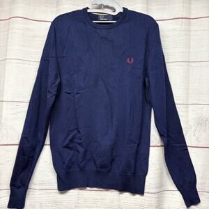 Fred Perry Men's Navy Blue 100% Merino Wool Jumper Size S Tipped Neck Mod
